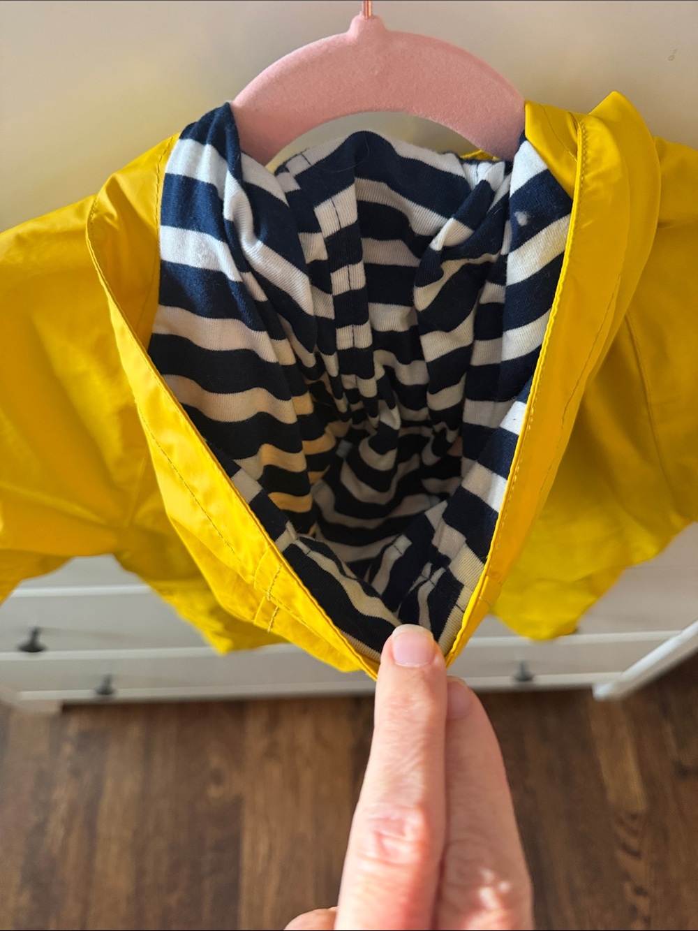 GAP Unisex Bright Yellow Hooded Kids Raincoat with Navy/White Striped Interior - Picture 4 of 10